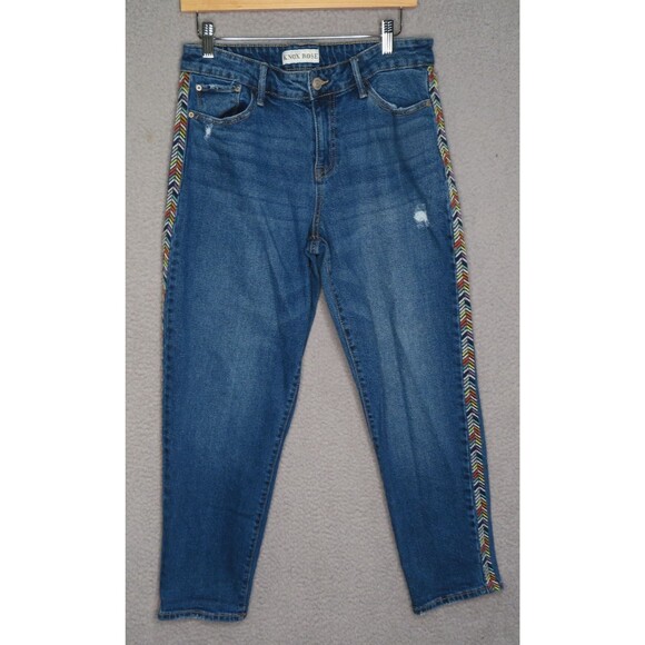 Knox Rose Jeans 8 Blue Embroidered Chevron Stripe Ankle Mid Rise Distressed - Picture 1 of 10